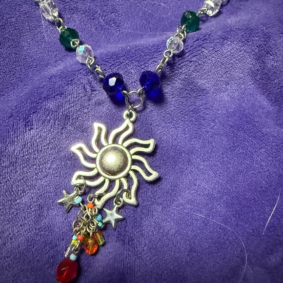Silver Sun and Stars Charm Multicolor Beaded Necklace with Silver Pendant 18” - Picture 6 of 7
